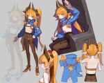  1girl armor back black_pantyhose blonde_hair blue_shrug bra bridgeless_bra cat_ear_panties chain closed_mouth coattails dgim1166 doodle_inset grey_background highres horns humanization long_hair long_sleeves multiple_views no_shirt on_throne panties panties_under_pantyhose pantyhose pauldrons pointy_ears shoulder_armor shrug_(clothing) simple_background sitting slay_the_spire slay_the_spire_2 star_(symbol) tailcoat the_regent_(slay_the_spire) throne twintails underwear very_long_hair yellow_eyes 