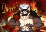 alexis_wasilla anthro blood blood_in_mouth blue_clothing blurred_character bodily_fluids bottomwear brown_body burnt cannibalism chef_hat clothing colored_sclera cooked digital_drawing_(artwork) digital_media_(artwork) domestic_cat duo eating eyelashes facial_hair felid feline felis fire food gore green_nipples green_shawl hat headgear headwear holding_food holding_object human humor loincloth male mammal mixed_media muscular muscular_anthro muscular_male mustache nipples notched_ear offering_food offering_to_viewer paint.net_(artwork) pecs photo_background photography_(artwork) severed_body_part severed_head shaded spanish_text sparkles sparkling_eyes tan_body text x_eyes