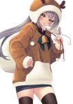 1girl absurdres alternate_costume animal_hood antlers bell black_skirt black_thighhighs brown_eyes brown_sweater commentary_request cowboy_shot grey_hair highres hood hood_up hooded_sweater horns kantai_collection kasumi_(kancolle) makura_(y_makura) pencil_skirt reindeer_antlers reindeer_hood sack side_ponytail simple_background skirt solo sweater thighhighs 
