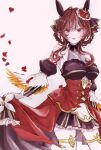  1girl animal_ears brown_hair commentary cowboy_shot flower gentildonna_(regina_dei_fiori)_(umamusume) gentildonna_(umamusume) gloves highres horse_ears horse_girl light_smile looking_at_viewer nanashino_(tyut5448) red_eyes ribbon see-through_cleavage see-through_clothes simple_background solo standing thighhighs two-sided_fabric umamusume white_background white_flower white_gloves white_thighhighs zettai_ryouiki 