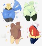 anthro big_butt blue_body blue_fur butt cinderace featureless_crotch female front_view fur generation_4_pokemon generation_8_pokemon generation_9_pokemon green_body green_fur grey_background group heart_symbol hi_res lopunny lucario meowscarada nintendo perezstart53 pokemon pokemon_(species) side_view simple_background small_waist sparkles tail tail_motion tailwag tan_body tan_fur thick_thighs white_body white_fur wide_hips