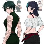  1girl aqua_streaks black_hair breasts burn_scar chin_piercing chococurrent commentary cowboy_shot english_commentary face_piercing from_behind green_eyes green_hair green_pants green_shirt highres hoshi_kirara jujutsu_kaisen medium_breasts medium_hair multicolored_hair multiple_scars muscular muscular_female pants piercing purple_eyes reference_inset scar scar_on_arm scar_on_face scar_on_shoulder scars_all_over shirt sleeveless sleeveless_shirt streaked_hair wolf_cut zen'in_maki zen'in_maki_(post_shibuya) 