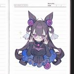  1girl adjusting_eyewear back_hair center-flap_bangs closed_mouth commentary cone_hair_bun cropped_torso deformed dot_mouth double_bun fate/grand_order fate_(series) glasses hair_bun hair_ornament hands_up highres kanae_(cookie) long_hair long_sleeves looking_at_viewer murasaki_shikibu_(fate) murasaki_shikibu_(first_ascension)_(fate) purple_eyes solo sparkle twitter_username very_long_hair 