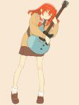  1girl 55bata6rou blush bocchi_the_rock! bow bowtie brown_shoes brown_skirt cardigan closed_eyes guitar hair_between_eyes highres holding holding_guitar holding_instrument hugging_object instrument kita_ikuyo long_hair pleated_skirt red_bow red_bowtie red_hair sailor_collar school_uniform shirt shoes shuka_high_school_uniform skirt smile socks white_sailor_collar white_socks yellow_background yellow_cardigan 
