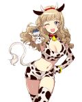  1girl ;d animal_ears animal_print bangs bare_shoulders bell bell_collar blue_eyes blunt_bangs bottle breasts chinese_zodiac cleavage_cutout clothing_cutout collar cow_ears cow_horns cow_print cow_tail cowboy_shot crop_top earrings elbow_gloves eyebrows_visible_through_hair fake_animal_ears fake_horns fake_tail gloves hair_over_shoulder hairband hand_on_hip holding holding_bottle horns jewelry leaning_forward light_brown_hair long_hair looking_at_viewer medium_breasts mewkledreamy midriff milk_bottle nail_polish navel one_eye_closed open_mouth pink_nails reaching red_collar red_hairband sbs short_shorts shorts simple_background single_glove sketch smile solo star_(symbol) star_in_eye stomach symbol_in_eye tail tank_top thighhighs tsukishima_maira wavy_hair white_background year_of_the_ox zettai_ryouiki 