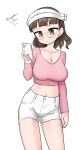  1girl absurdres alternate_costume blunt_bangs breasts brown_eyes brown_hair cellphone cleavage collarbone commentary_request contrapposto crop_top cropped_sweater dated headdress highres holding holding_phone kantai_collection large_breasts maru_(marg0613) midriff navel one-hour_drawing_challenge phone pince-nez pink_sweater roma_(kancolle) short_shorts shorts simple_background smartphone solo standing sweater twitter_username wavy_hair white_background white_shorts 