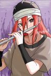  1girl brown_eyes collarbone commentary_request flute hair_between_eyes hat holding holding_flute holding_instrument hotata_3 instrument long_bangs music naruto_(classic) naruto_(series) playing_flute playing_instrument red_hair shirt short_sleeves solo tayuya_(naruto) twitter_username upper_body 