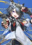  1girl absurdres ahoge animal_ears arknights arknights:_endfield artist_name black_hair blue_background blue_eyes chinese_commentary commentary_request covered_navel cowboy_shot dual_wielding earrings elevation_contour_lines eyepatch finger_on_trigger fingerless_gloves gloves gun hair_ornament hair_over_one_eye hairclip handgun highres holding holding_gun holding_weapon jewelry looking_at_viewer moloo27 multicolored_gloves open_mouth signature solo tail tangtang_(arknights) tiger_ears tiger_girl tiger_tail two-tone_gloves weapon 
