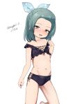  1girl absurdres bikini black_bikini commentary_request criss-cross_straps dated flat_chest forehead frilled_bikini frills front-tie_bikini_top front-tie_top green_hair grey_eyes highres kantai_collection kneeling maru_(marg0613) medium_hair naganami_(kancolle) naganami_kai_ni_(kancolle) naganami_kai_ni_(swimsuit)_(kancolle) polka_dot polka_dot_ribbon ribbon side-tie_bikini_bottom simple_background solo suzunami_(kancolle) swimsuit twitter_username white_background 
