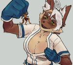 anthro attakoii big_breasts bottomwear breasts brown_body brown_fur canid canine clothed clothing digital_media_(artwork) domestic_cat duo exclamation_point extreme_size_difference fangs felid feline felis female female_anthro fur gloves green_eyes hair handwear inner_ear_fluff larger_anthro larger_female macro macro_anthro macro_female male male/female male_anthro mammal micro micro_abuse micro_anthro micro_female multicolored_body no_bra open_mouth panicked_look shorts signature simple_background size_difference smaller_anthro smaller_male smile spiral_hair tail tan_body tan_fur teeth tongue topwear tuft white_hair