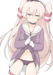  1girl 3: akara_kai amatsukaze_(kancolle) amatsukaze_kai_ni_(kancolle) black_dress black_panties blush bow bow_panties breasts brown_dress brown_eyes clothes_lift cowboy_shot dress embarrassed gloves grey_hair grey_neckerchief hair_tubes highres kantai_collection lifting_own_clothes long_hair looking_at_viewer navel neckerchief panties red_thighhighs sailor_collar sailor_dress sanpaku simple_background single_glove skirt skirt_lift small_breasts smokestack_hair_ornament thighhighs two_side_up underwear white_background white_gloves white_sailor_collar 