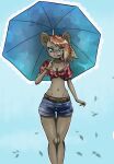  2020 anthro clothed clothing digital_media_(artwork) female full-length_portrait hair haruu jocelyn_(transmousky) looking_at_viewer mammal murid murine portrait red_hair rodent simple_background solo umbrella wood_mouse 