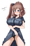  1girl absurdres black_dress black_panties blue_eyes breast_pocket breasts brown_hair clothes_lift commentary_request dated dress dress_lift high_side_ponytail highres kantai_collection large_breasts maru_(marg0613) one-hour_drawing_challenge panties pocket saratoga_(kancolle) saratoga_mk_ii_(kancolle) side_ponytail simple_background smokestack_hair_ornament solo twitter_username underwear white_background 