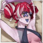  1girl armpits arms_up atziid69 blue_tongue breasts colored_skin colored_tongue double_bun grey_skin hair_bun highres hololive hololive_indonesia kureiji_ollie looking_at_viewer multicolored_hair multicolored_skin open_mouth patchwork_skin pink_hair red_eyes red_hair saliva small_breasts solo stitched_arm stitched_face stitched_torso stitches sweat white_hair x-shaped_eyewear zombie 