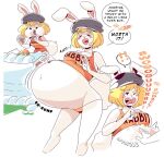  anthro belly big_belly blonde_hair blush blush_stickers breasts burping cake carrot_(one_piece) clothing dessert english_text female food fur hair hat headgear headwear lagomorph leporid mammal one_piece overweight overweight_anthro overweight_female rabbit simple_background softservice solo speech_bubble stuffing text white_background white_body white_fur 