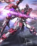  amasaki_yusuke artist_name bow_(weapon) energy_weapon floating glowing glowing_eyes highres holding holding_bow_(weapon) holding_weapon looking_up mecha no_humans original purple_eyes science_fiction solo weapon 
