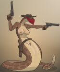  2021 absurd_res apode bandanna breasts brown_body brown_scales clothing countershading cowboy_hat draconcopode female genitals gun handgun hat headgear headwear hi_res holster kerchief legless minnosimmins naga nipples non-mammal_breasts nude pit_viper pussy ranged_weapon rattlesnake reptile revolver scales scalie serpentine snake solo viper weapon western yellow_eyes 