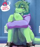 absurd_res anthro baryonyx blue_eyes bodily_fluids brachiosaurid brachiosaurus butt cavemanon_studios clothed clothing dennhaze dialogue digital_media_(artwork) dinosaur duo english_text female floor footwear freckles genitals green_body green_hair green_scales hair hand_on_mouth hi_res hoodie i_wani_hug_that_gator leg_grab liz_farlane locker long_neck looking_at_viewer macronarian multicolored_body nude olivia_halford on_ground prehistoric_species presenting presenting_hindquarters presenting_vulva public red_hair reptile saurischian sauropod sauropodomorph scales scalie school shoes short_hair sitting smile speech_bubble spinosaurid tail teeth text theropod thick_thighs topwear two_tone_body vulva yellow_sclera