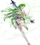  1girl annand_(fire_emblem) armor bangs belt black_gloves boots breastplate circlet dress elbow_gloves fire_emblem fire_emblem:_genealogy_of_the_holy_war fire_emblem_heroes full_body gloves green_eyes green_hair high_heels highres holding holding_sword holding_weapon jewelry leg_up long_hair looking_away mayo_(becky2006) official_art open_mouth shiny shiny_hair short_dress shoulder_armor simple_background sleeveless smile solo sword thigh_boots thighhighs transparent_background weapon white_dress zettai_ryouiki 