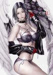  1girl angell_(path_to_nowhere) black_collar black_hair black_jacket black_lips bra collar gloves grey_bra grey_panties highres inverted_pentagram jacket middle_part multiple_scars o-ring o-ring_bra panties path_to_nowhere red_gloves scar scar_on_arm scar_on_chest scar_on_leg scar_on_stomach sofos99 underwear undressing wings 