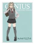  1girl :d alternate_costume aqua_background bag black_shoes black_skirt blue_eyes blue_hairband border brown_bag character_name collared_shirt english_text full_body grey_hair grey_thighhighs grey_vest hairband hand_on_own_hip highres holding holding_bag legs_apart looking_at_viewer matilda_bouanich medium_hair miniskirt necktie one_side_up open_mouth outside_border over_shoulder pleated_skirt rain_(rain_rrd) red_necktie reverse:1999 school_bag school_uniform shirt shoes skirt smile solo standing sweater_vest teeth thighhighs upper_teeth_only vest white_border white_shirt zettai_ryouiki 