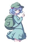  1girl absurdres aqua_eyes backpack bag bangs blouse blue_blouse blue_hair blue_skirt blunt_bangs cowboy_shot flat_cap from_side green_bag green_headwear hair_bobbles hair_ornament hat highres index_finger_raised kame_(kamepan44231) kawashiro_nitori looking_at_viewer open_mouth short_hair simple_background skirt solo standing touhou twintails white_background 