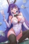  1girl absurdres ahoge animal_ears banknote bare_hips black_bow black_thighhighs blue_hair body_markings bow boyal breasts card cetacean_tail elbow_gloves facial_mark fins fish_tail gloves heart heart_ahoge highres huge_breasts indie_virtual_youtuber large_breasts long_hair looking_at_viewer money multicolored_hair open_mouth orca_girl playboy_bunny playing_card poker_table purple_eyes rabbit_ears shylily sitting streaked_hair table tail thighhighs thighs virtual_youtuber white_gloves white_hair wide_hips 