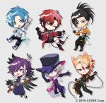  6+boys :d ;) \m/ animal_ears aqua_eyes arm_up armor axel_syrios axel_syrios_(1st_costume) banzoin_hakka banzoin_hakka_(1st_costume) between_fingers black_bodysuit black_boots black_gloves black_hair black_jacket black_pants black_shirt black_socks blonde_hair blue_eyes blue_hair blue_hands bodysuit boots bottle braid chain chibi chibi_only clenched_hand clenched_hands coat colored_extremities copyright_notice cropped_jacket crossed_legs dog_ears drop_shadow earrings elbow_gloves fake_animal_ears fake_tail feather_earrings feather_hair_ornament feathers fingerless_gloves fujishima02 fur-trimmed_jacket fur_trim gavis_bettel gavis_bettel_(1st_costume) gloves green_eyes grey_background grey_haori grey_sleeves grin hadanugi_dousa hair_ornament hakama hakama_pants hand_on_own_hat hand_on_own_hip haori hat high_heel_boots high_heels highres holding holding_bottle holding_chain holding_ofuda holostars holostars_english holotempus hood hoodie invisible_chair jacket japanese_clothes jewelry josuiji_shinri layered_sleeves legwear_garter long_coat long_hair long_sleeves machina_x_flayon machina_x_flayon_(1st_costume) male_focus multicolored_coat multicolored_hair multiple_boys necktie official_art ofuda ofuda_between_fingers okobo one_eye_closed open_clothes open_jacket open_mouth orange_gloves orange_jacket outstretched_arm pants pink_hair platform_sandals pom_pom_(clothes) ponytail purple_hair purple_hakama red_coat red_hair red_shoes red_streaks regis_altare sandals scarf shirt shoes short_hair short_over_long_sleeves short_sleeves side_braid simple_background single_braid single_hair_streak sitting smile socks streaked_hair striped_coat tail tassel thigh_boots top_hat torn_clothes torn_pants vertical-striped_coat virtual_youtuber waving white_hair white_hoodie white_scarf white_shoes white_streaks 