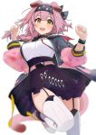  1girl animal_ears arknights black_hairband black_skirt braid breasts cat_ears cat_tail commentary garter_straps goldenglow_(arknights) hairband infection_monitor_(arknights) jacket large_breasts orange_eyes pink_hair pink_jacket shirt skirt sora_mame_(princess_0sora) tail thighhighs white_background white_shirt white_thighhighs 
