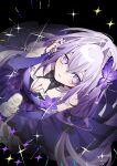  1girl alcohol bare_shoulders black_background black_ribbon breasts bright_pupils butterfly_hair_ornament castorice_(honkai:_star_rail) champagne champagne_flute cleavage commentary cup detached_sleeves dress drinking_glass fingernails from_above hair_ornament hair_ribbon hand_in_own_hair hand_up highres holding holding_cup honkai:_star_rail honkai_(series) long_fingernails looking_at_viewer looking_up low_twintails medium_breasts nail_polish ohoolthu parted_lips purple_dress purple_eyes purple_hair purple_nails ribbon simple_background solo sparkle twintails untranslatable_commentary 