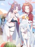  +_+ 1boy 4girls absurdres animal_ears beach beach_umbrella black_hair blue_archive blue_halo blue_sky breasts cat_ears cat_girl closed_eyes cloud collarbone commentary_request fang food fruit grey_hair halo highres horns hyakkaryouran_(blue_archive) kashio_(92984798) kikyou_(blue_archive) kikyou_(swimsuit)_(blue_archive) large_breasts legband long_hair multiple_girls nagusa_(blue_archive) nagusa_(swimsuit)_(blue_archive) navel open_mouth purple_hair purple_halo red_hair red_halo renge_(blue_archive) renge_(swimsuit)_(blue_archive) sensei_(blue_archive) single_horn skin_fang sky small_breasts swimsuit teeth thick_thighs thighs umbrella water watermelon white_halo yukari_(blue_archive) yukari_(swimsuit)_(blue_archive) 
