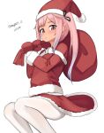  1girl absurdres capelet commentary_request dress feet_out_of_frame fur-trimmed_capelet fur-trimmed_headwear fur-trimmed_shirt fur_trim harusame_(kancolle) hat highres invisible_chair kantai_collection long_hair maru_(marg0613) mittens pantyhose pink_hair red_capelet red_dress red_eyes red_mittens red_shirt sack santa_hat shirt side_ponytail simple_background sitting solo white_background white_pantyhose 