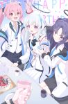  +_+ 4girls absurdres birthday_cake black_coat black_gloves black_hair black_halo blue_archive blue_eyes blue_necktie cake closed_mouth coat collared_shirt commentary_request fingerless_gloves food gloves hair_behind_ear hair_ornament hairpin halo headgear highres jacket koyuki_(blue_archive) long_hair looking_at_viewer lusye mechanical_halo multiple_girls necktie noa_(blue_archive) open_mouth pink_eyes pink_hair pink_halo purple_eyes purple_hair red_eyes red_halo rio_(blue_archive) seminar_(blue_archive) shirt smile sparkling_eyes sweater triangle_hair_ornament turtleneck turtleneck_sweater twintails two_side_up upper_body white_hair white_halo white_shirt white_sweater yuuka_(blue_archive) 