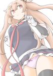  1girl akara_kai black_ribbon black_serafuku black_thighhighs blush breasts brown_eyes brown_hair gloves hair_between_eyes hair_flaps hair_ornament hair_ribbon hairclip heterochromia highres kantai_collection long_hair looking_at_viewer medium_breasts murasame_(kancolle) murasame_kai_ni_(kancolle) neckerchief panties pantyshot pink_panties red_eyes red_neckerchief ribbon school_uniform serafuku simple_background solo sweatdrop thighhighs two_side_up underwear white_background 