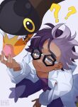  1boy ? ?? absurdres dark-skinned_male dark_skin farigiraf hexagonal_eyewear highres jacq_(pokemon) lab_coat looking_up male_focus mayoiniisan pokemon pokemon_(creature) pokemon_scarlet_and_violet purple_hair purple_shirt shirt signature 