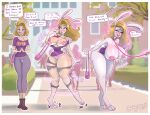 absurd_res anthro beingobscene big_breasts bimbofication blonde_hair breast_expansion breasts camel_toe clothing collar curvy_figure dialogue english_text expansion female hair hi_res huge_breasts human human_to_anthro intelligence_loss lagomorph leash leashed_collar leporid lips lipstick long_ears makeup mammal panties pink_lips pink_lipstick purse rabbit school shirt solo species_transformation speech_bubble t-shirt text thick_lips thigh_expansion topwear transformation underwear university whiskers