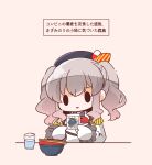  1girl beret black_hat bloom2425 bowl chopsticks commentary_request cup drinking_glass epaulettes gloves grey_hair hat highres jacket kantai_collection kashima_(kancolle) military_uniform neckerchief packet red_neckerchief solid_oval_eyes solo translated twintails wavy_hair white_gloves white_jacket 