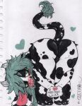 absurd_res anthro anus bent_over big_ears blush blush_lines bovid bovine butt butt_heart cattle embarrassed female floppy_ears genitals green_eyes hair heart_symbol hi_res holstein_friesian_cattle hooves looking_at_viewer mammal mootsncompany mumei_(mootsncompany) nude sign sketch solo tail tail_tuft teal_hair traditional_media_(artwork) tuft vulva