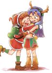  2girls :d ;d amami_haruka antlers blue_hair boots bow brown_boots brown_eyes brown_hair candy candy_cane christmas closed_eyes fake_antlers food full_body hair_bow hat horns hug idolmaster idolmaster_(classic) jacket kisaragi_chihaya long_hair looking_at_another mittens multiple_girls one_eye_closed red_bow red_hat red_jacket red_skirt reindeer_antlers santa_costume santa_hat short_hair simple_background skirt smile standing standing_on_one_leg tsubobot white_background 