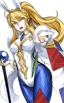  1girl ahoge animal_ears artoria_pendragon_(fate) artoria_pendragon_(lancer)_(fate) artoria_pendragon_(swimsuit_ruler)_(fate) artoria_pendragon_(swimsuit_ruler)_(first_ascension)_(fate) bare_shoulders blonde_hair blue_pantyhose braid breasts card cleavage clothing_cutout detached_collar discat fate/grand_order fate_(series) fishnet_pantyhose fishnets fur_shawl gold_trim green_eyes hair_between_eyes highleg highleg_leotard large_breasts leotard long_hair looking_at_viewer navel navel_cutout necktie open_mouth outstretched_arm pantyhose playboy_bunny playing_card ponytail rabbit_ears shawl sidelocks solo thighs tiara white_leotard wrist_cuffs 