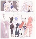  4girls :3 absurdres animal_ear_fluff animal_ears blue_eyes blue_hair chamomile_(kazumasa) commentary_request fox_ears fox_girl fox_tail hair_ornament hair_ribbon highres hololive hoshimachi_suisei long_hair long_sleeves looking_at_mirror mirror multicolored_hair multiple_girls naila_(shirakami_fubuki) ookami_mio open_mouth ponytail red_eyes ribbon sakura_miko shirakami_fubuki skirt smile standing tail thighhighs virtual_youtuber white_burinyan white_hair wolf_ears wolf_girl wolf_tail 
