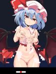  1girl anger_vein ass_visible_through_thighs bat_wings blue_hair breakout breasts collarbone commentary_request cowboy_shot dot_nose frown hands_on_own_chest hat hat_ribbon head_tilt highres looking_at_viewer medium_hair mob_cap moon navel night nipples nude pink_hat pussy red_eyes red_moon red_ribbon remilia_scarlet ribbon rnt_(251139) slit_pupils small_breasts solo standing torn_clothes touhou v-shaped_eyebrows wings 