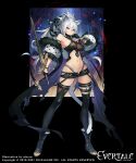  1girl ainezu animal_ears boots breasts collar_tug evertale gloves highres long_hair midriff official_art open_clothes open_shorts ponytail promotional_art red_eyes sheer_clothes short_shorts shorts solo_focus strap sword tail thighhighs very_long_hair weapon white_hair zettai_ryouiki 