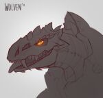  2018 anthro biped english_text fangs itswolven looking_at_viewer male quake reptile scales scalie side_view signature simple_background sketch solo sorlag teeth text tongue tongue_out white_background yellow_eyes 