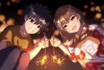  1boy 1girl :d black_eyes black_pants brown_eyes brown_hair couple fireworks floral_print grin highres japanese_clothes kamijou_touma kimono mashu_(masyu_ut) misaka_mikoto open_mouth orange_kimono orange_shirt pants print_kimono shiny shiny_hair shirt short_hair short_sleeves smile t-shirt toaru_majutsu_no_index yukata 