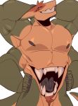 000atanerriaper000 anthro belly_mouth ears_down gemini_the_sergal hi_res looking_at_viewer male multi_arm multi_eye multi_limb multi_mouth multicolored_body muscular muscular_anthro muscular_male nipples open_mouth pivoted_ears sergal smile smiling_at_viewer solo tail teeth teeth_showing tongue