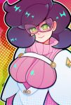  1girl absurdres big_hair breasts capelet fumilyy glasses green_eyes high-waist_skirt highres large_breasts long_sleeves mature_female medium_skirt pencil_skirt pink-framed_eyewear pink_sweater pokemon pokemon_sun_and_moon purple_hair ribbed_sweater short_hair skirt smile solo sweater turtleneck turtleneck_sweater upper_body white_capelet white_skirt wicke_(pokemon) 