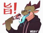 &lt;3 &lt;3_eyes 2018 admiral_durgon anthro asian_mythology blue_body blue_scales bodily_fluids chopsticks clothing countershade_face countershade_scales countershading dragon dripping duo east_asian_mythology eastern_dragon english_text eyewear food glasses green_body green_scales hoodie imminent_vore itswolven japanese_text long_tongue male micro mythology saliva saliva_drip scales scalie signature simple_background sushi teal_tongue text tongue tongue_out topwear vynn_(itswolven) white_background 