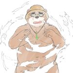  1:1 2021 anthro belly blush brown_body brown_fur clothing eyewear fur glasses hat headgear headwear hi_res humanoid_hands kemono male mammal moobs overweight overweight_anthro overweight_male solo tokyo_afterschool_summoners ursid video_games volos yaki_atsuage 