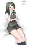  1girl absurdres black_hair black_skirt black_socks black_vest blue_ribbon collared_shirt commentary_request dress_shirt finger_to_mouth gloves grey_eyes hair_ornament hairclip highres kantai_collection kneehighs looking_up maru_(marg0613) neck_ribbon one-hour_drawing_challenge oyashio_(kancolle) pleated_skirt ribbon school_uniform shirt short_sleeves sitting skirt socks solo vest white_gloves white_shirt 